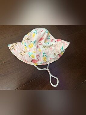 Girls Pink Flamingo & Pineapple Sun Hat with Chin Strap